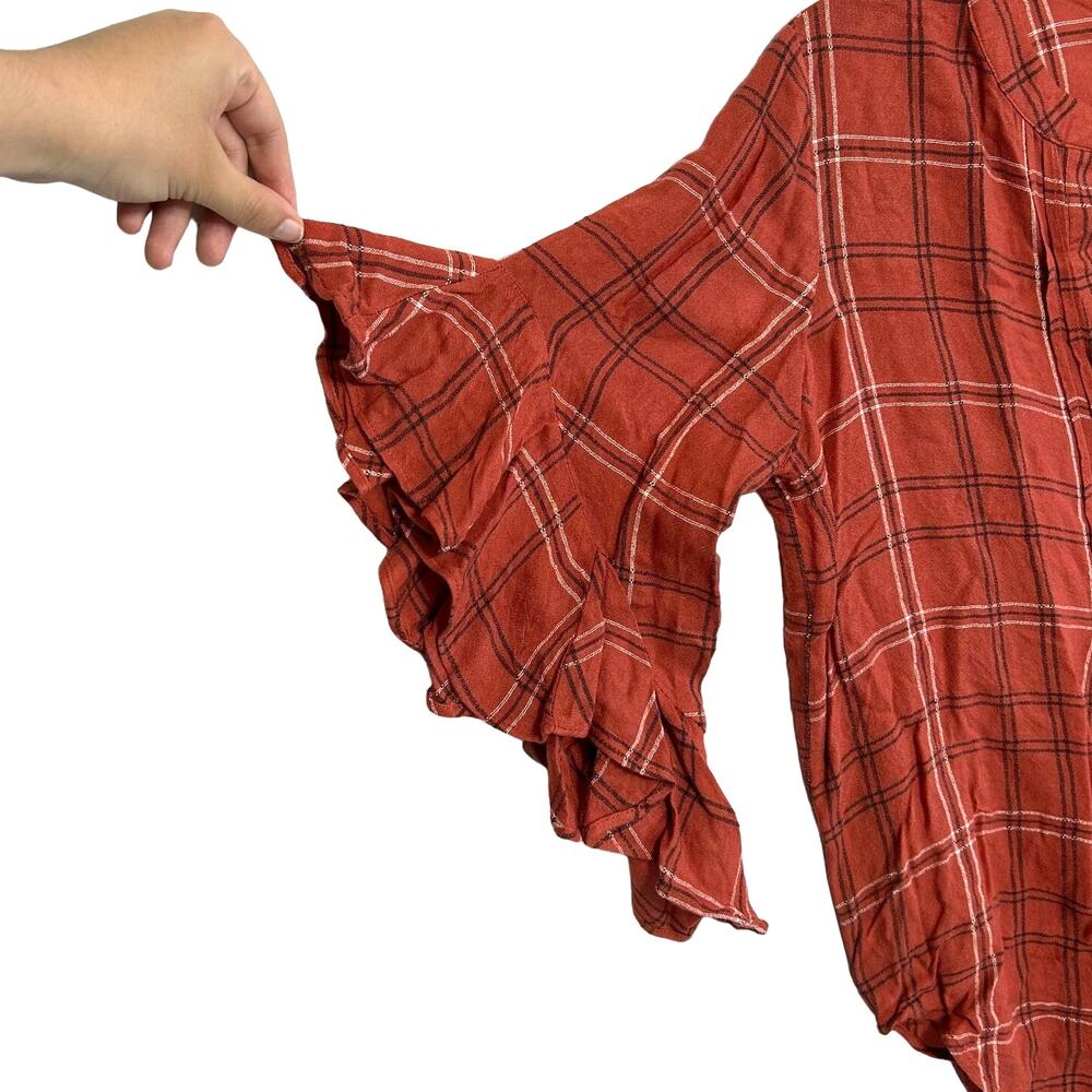 Vince Camuto Plaid Ruffle Sleeve Pin Tuck Relaxed Blouse Women's Sz XS Apple Red - Picture 4 of 7